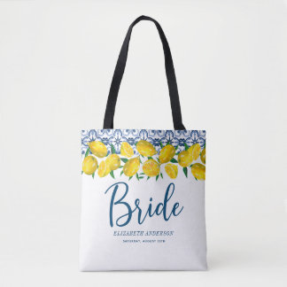 Bride Italian Blue Tile Lemon Boho Wedding Tote Bag