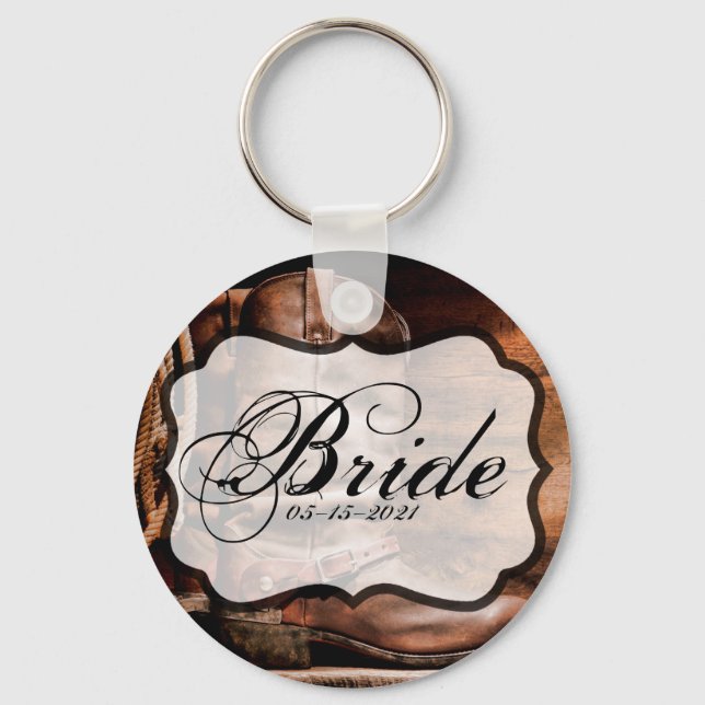 Bride Key Chain Cowboy Boots Barn Wood Rustic Coun (Front)