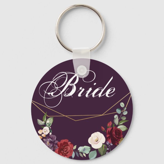 Bride Key Chain Plum Purple Roses Gold Geometric F (Front)