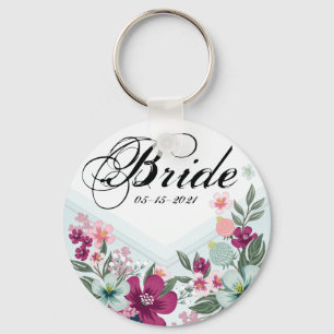 Bride Key Chain Tropical Flowers on Blue Ombre