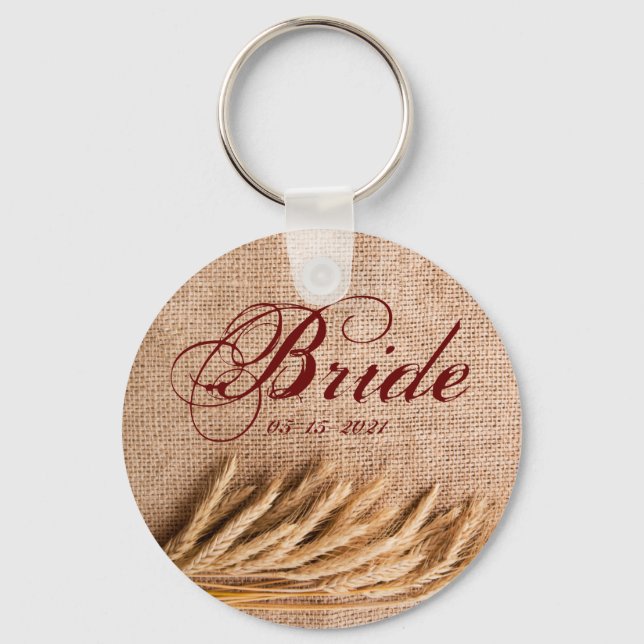Bride Key Chain Wheat on Burlap Sack Country Rusti (Front)