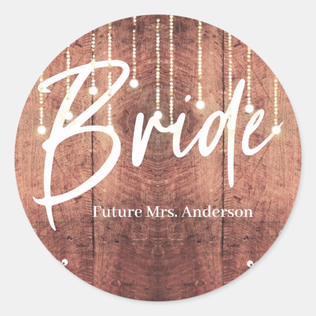 Bride Lace wood texture rustic string lights Classic Round Sticker (Front)