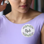Bride lavender violet eucalyptus greenery wedding 3 cm round badge<br><div class="desc">For the bride to be. A chic white background. Decorated with lavender,  violet florals flowers and watercolored eucalyptus greenery.</div>