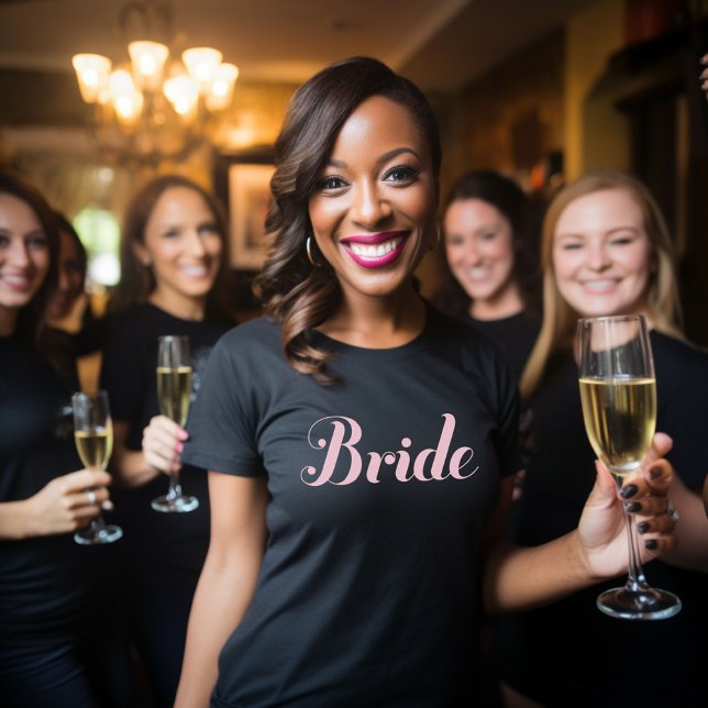 Bride Light Pink Script Black Wedding T-Shirt (Creator Uploaded)