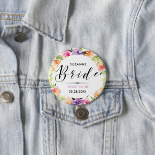 Bride Modern Typography 2 Colourful Flowers Wreath 7.5 Cm Round Badge