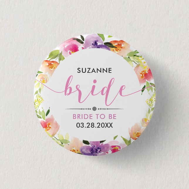 Bride Modern Typography Colourful Flowers Wreath 3 Cm Round Badge (Front)