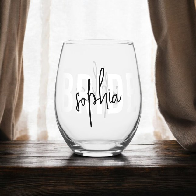 Bride Monogram Signature Script Stemless Wine Glass (Creator Uploaded)