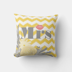 Bride Mrs Lips Grey Peach and Yellow Zig Zag Cushion