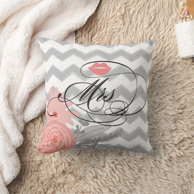 Bride Mrs Lips Navy Coral Grey Zig Zag Floral Cushion (Blanket)