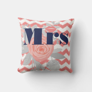 Bride Mrs Lips Navy Coral Grey Zig Zag Floral Cushion