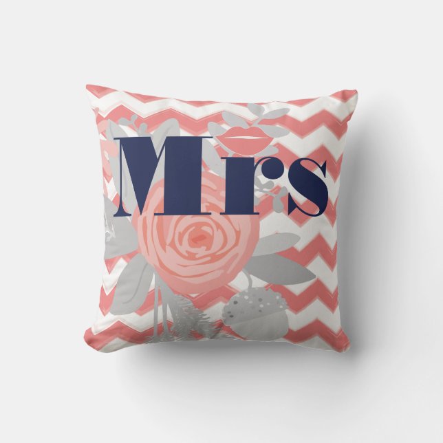 Bride Mrs Lips Navy Coral Grey Zig Zag Floral Cushion (Front)