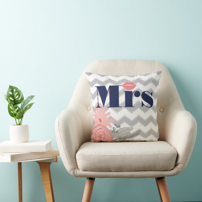 Bride Mrs Lips Navy Coral Grey Zig Zag Floral Cushion (Chair)