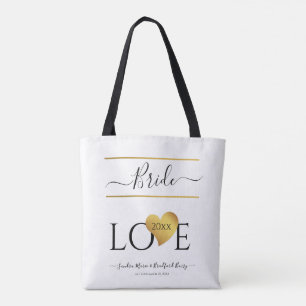 Bride   Mrs. Love text with a Gold Heart Tote Bag