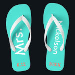 Bride Mrs. Turquoise Blue Flip Flops<br><div class="desc">Bright turquoise blue with Mrs. and Last Name written in white text and date of wedding in coral to personalise.  Pretty beach destination or honeymoon flip flops for the new bride.  Original designs by TamiraZDesigns.</div>