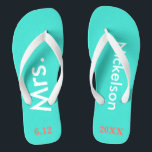 Bride Mrs. Turquoise Blue Flip Flops<br><div class="desc">Bright turquoise blue with Mrs. and Last Name written in white text and date of wedding in coral to personalise.  Pretty beach destination or honeymoon flip flops for the new bride.  Original designs by TamiraZDesigns.</div>