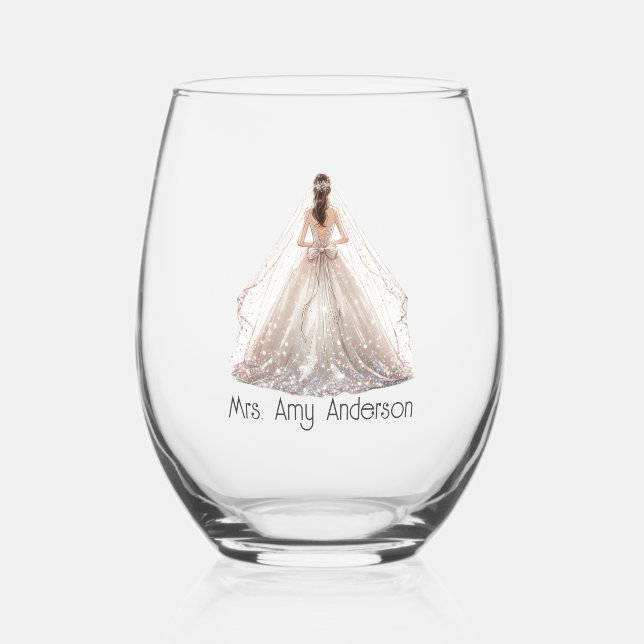 Bride Mrs. Wedding Dress Bridal Gift Custom Stemless Wine Glass (Front)