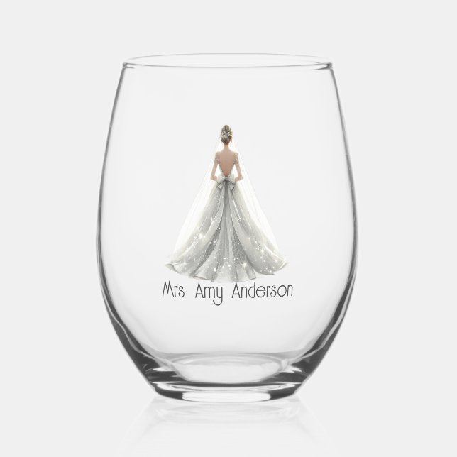 Bride Mrs. Wedding Dress Bridal Gift Custom Stemless Wine Glass (Front)