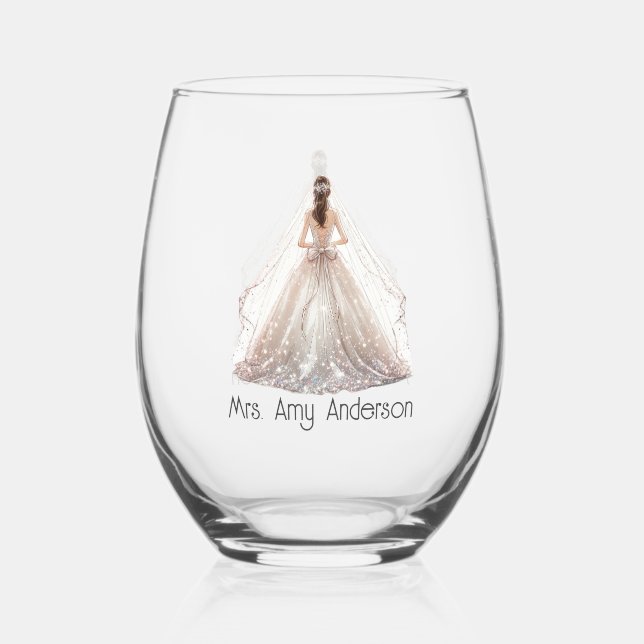 Bride Mrs. Wedding Dress Bridal Gift Custom Stemless Wine Glass (Front)