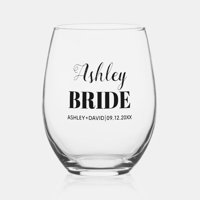 Bride name black typography wedding stemless wine glass (Front)