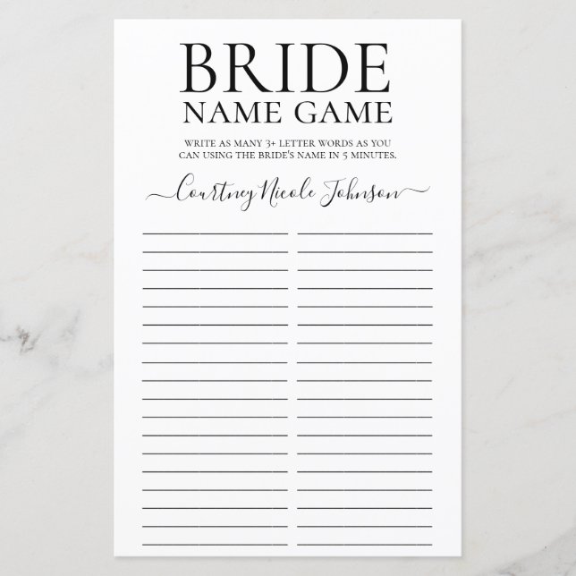 Bride Name Game Bridal Shower Game (Front)