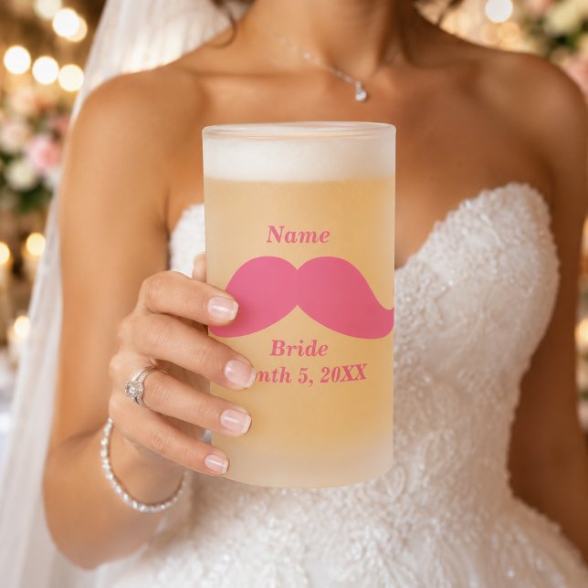 Bride Name Pink Moustache Frosted Glass Beer Mug (Bride Name Pink Mustache Frosted Glass Beer Mug)