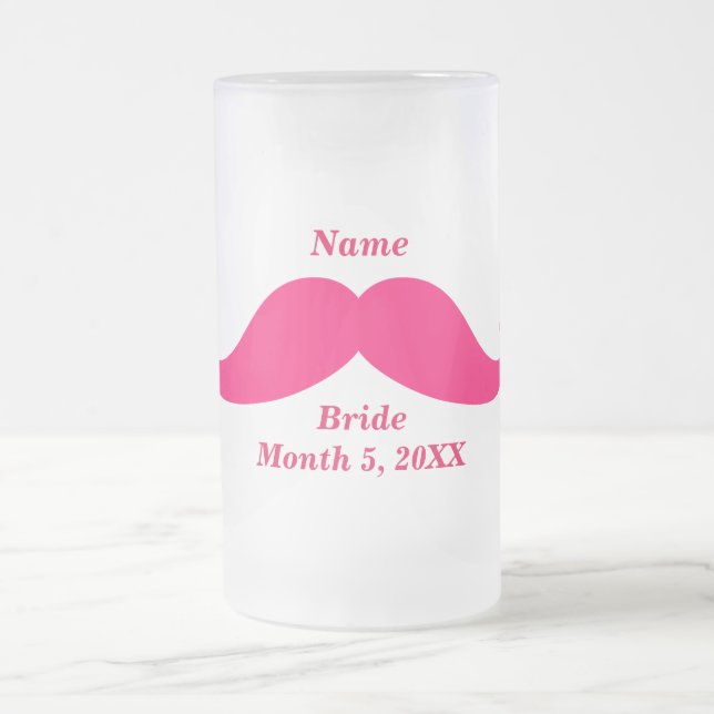 Bride Name Pink Moustache Frosted Glass Beer Mug (Center)