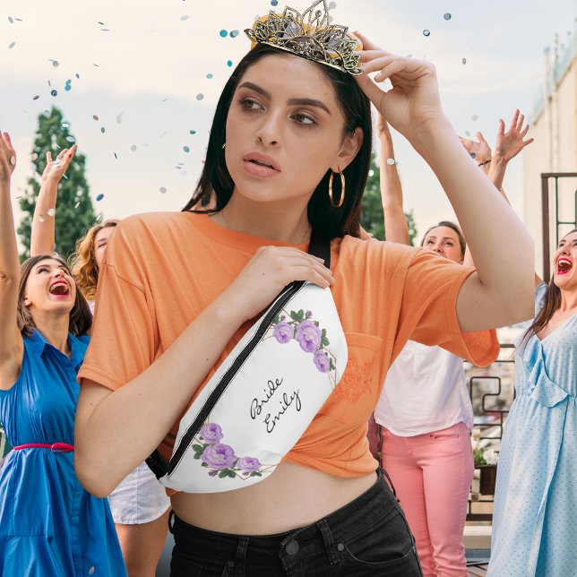 Bride Name Purple Floral Elegant Gold Glitter Geo  Bum Bags (Bride Name Purple Floral Elegant Gold Glitter Geo  Fanny Pack)