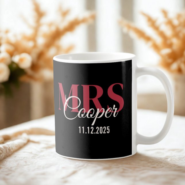 Bride Name With Wedding Date Crimson Red Colour Co Coffee Mug (Modern elegant wedding bride name date minimalistic coffee mug)