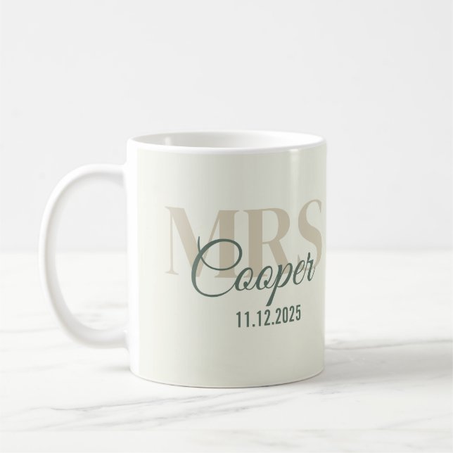 Bride Name With Wedding Date Green Colour Text Cof Coffee Mug (Left)