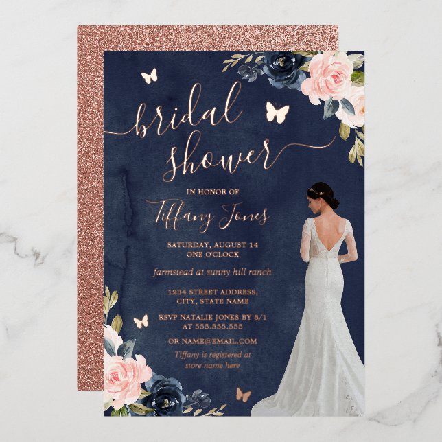 Bride Navy Rose Gold Floral Bridal Shower  (Front/Back)