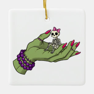 Bride of Frankenstein Hand with Skeleton Bow   Got Ceramic Ornament