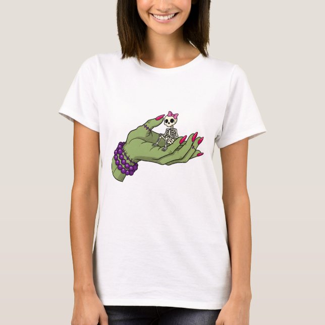 Bride of Frankenstein Hand with Skeleton Bow T-Shirt (Front)