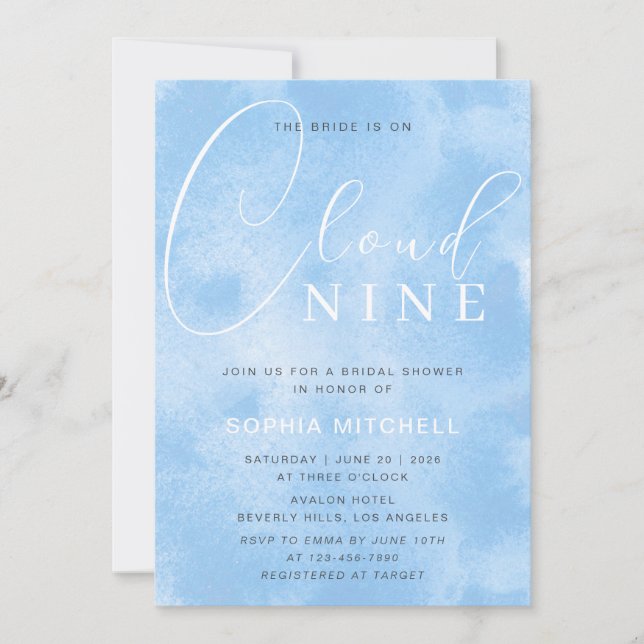 Bride on Cloud 9 Blue Ink Script Bridal Shower  Invitation (Front)