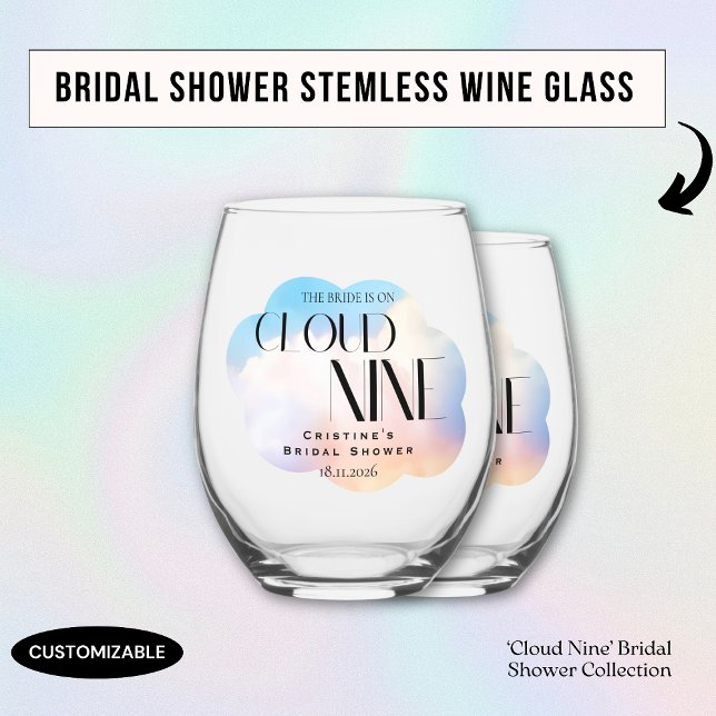 Bride on cloud 9 Colourful Pastel Bridal Shower  Stemless Wine Glass (Creator Uploaded)