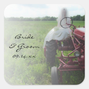 Bride on Farm Tractor Country Wedding Square Sticker