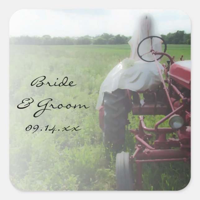 Bride on Farm Tractor Country Wedding Square Sticker (Front)