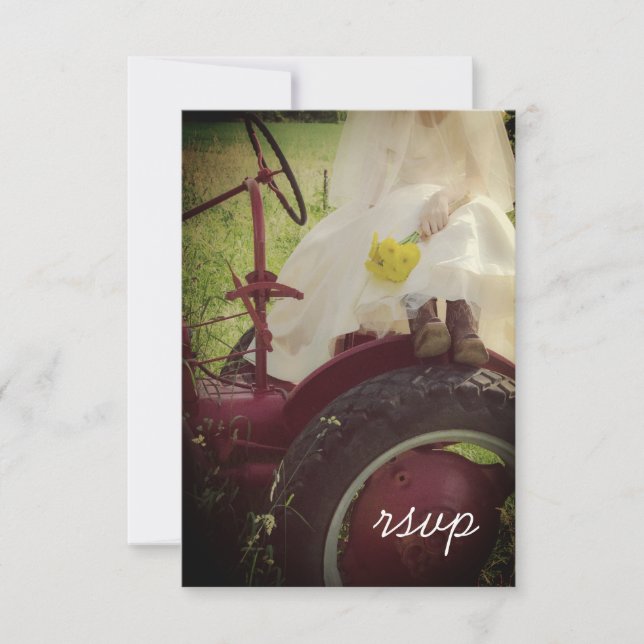 Bride on Tractor Country Farm Wedding RSVP Card (Front)