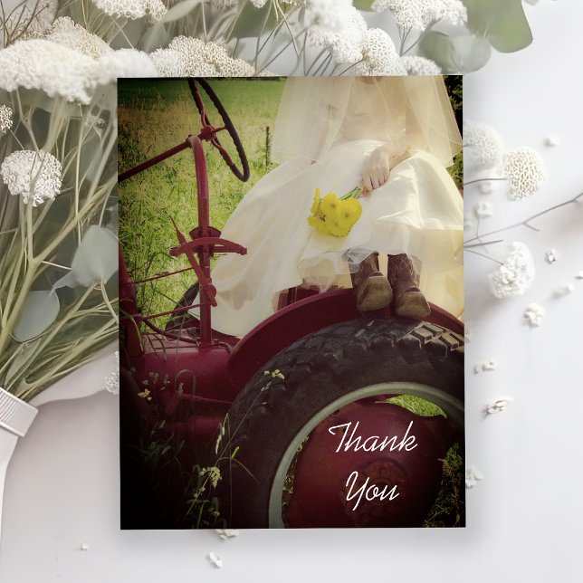 Bride on Tractor Country Farm Wedding Thank You Postcard (Creator Uploaded)