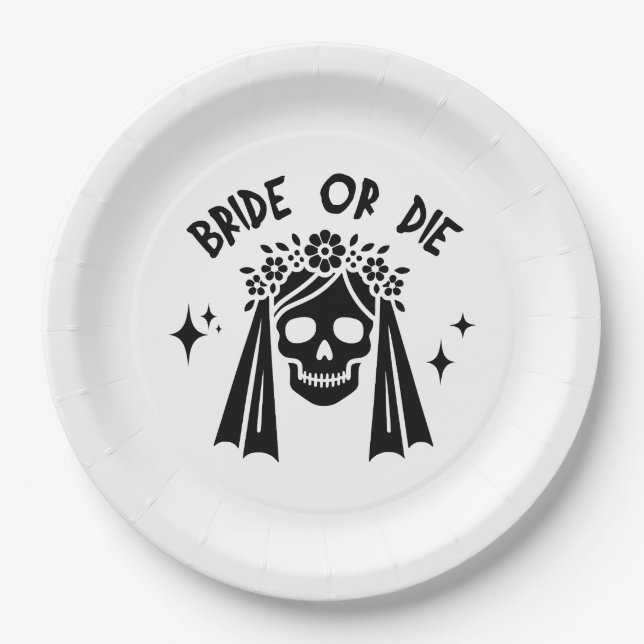 bride or die bachelorette party floral veil skull  paper plate (Front)