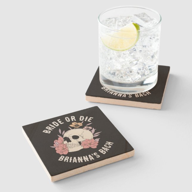 Bride or die black retro skull bachelorette favour stone coaster (Side)