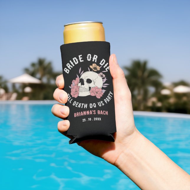 Bride or die black skull bachelorette party favour seltzer can cooler (In Situ Pool)