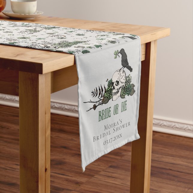 Bride or Die Grey Skull & Roses Gothic Wedding Long Table Runner (In Situ)