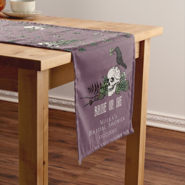Bride or Die Purple Floral Skulls Bridal Shower Long Table Runner (In Situ)