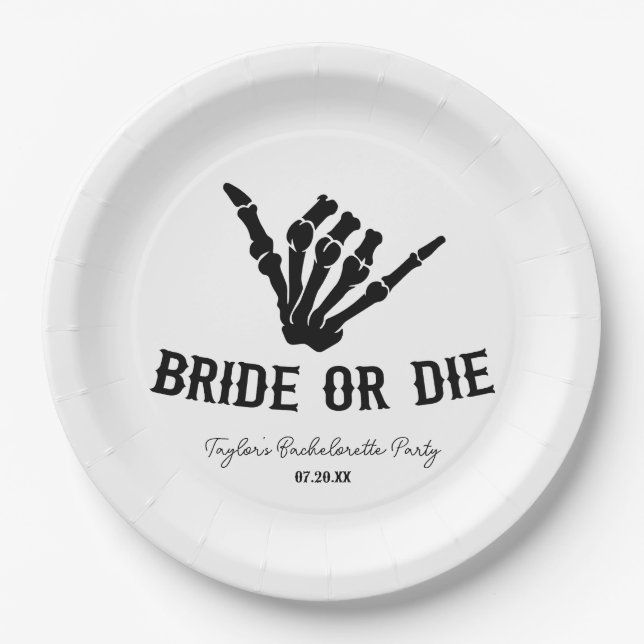 Bride or Die Rockstar Skeleton Bachelorette Party Paper Plate (Front)