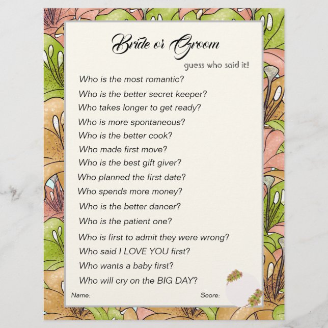Bride or Groom bridal shower game Flyer (Front)