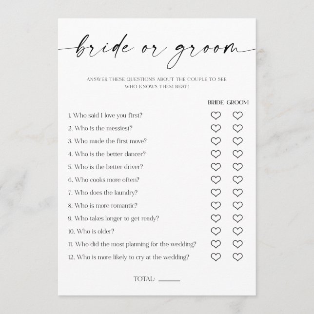 Bride or Groom Bridal Shower Game Programme (Front)