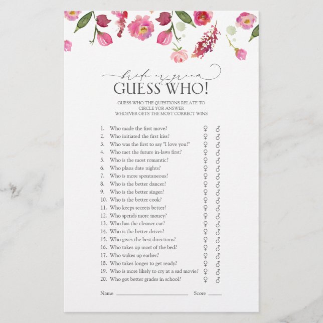 Bride Or Groom Guess Who Pink Bridal Shower Game (Front)