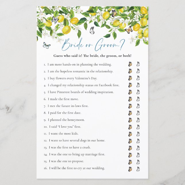 Bride or Groom | Lemon Bridal Shower Game  (Front)