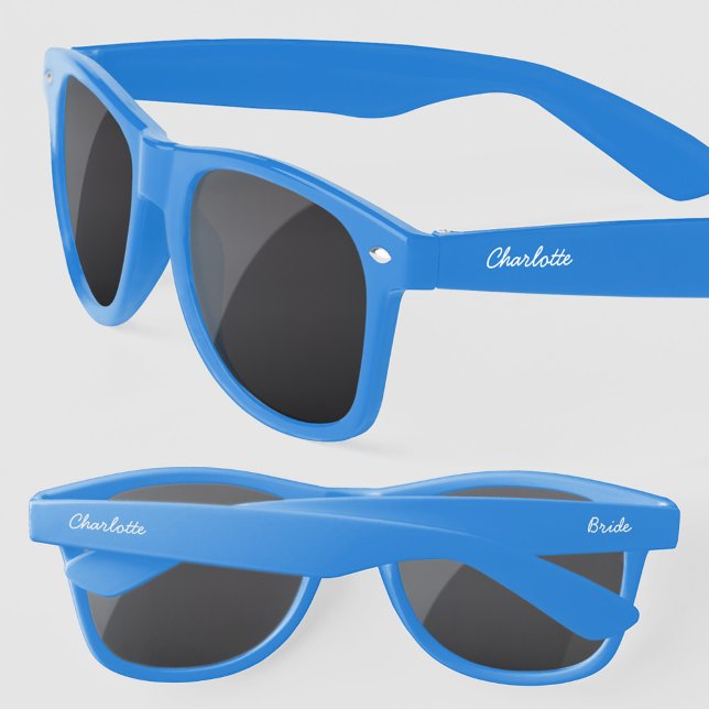 Bride Personalised Modern Script Name Sunglasses (Bride name modern script font personalized bachelorette bridal shower hen party wedding sunglasses)