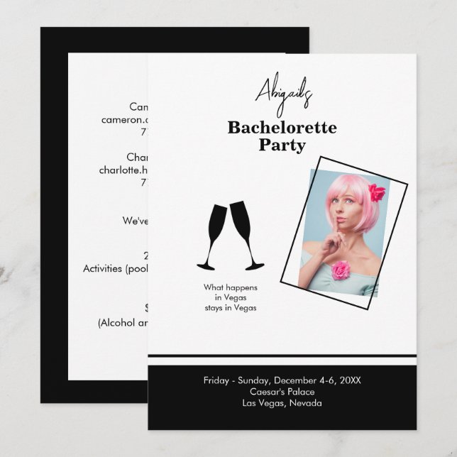 Bride Photo B/W Destination Bachelorette Party  In Invitation (Front/Back)